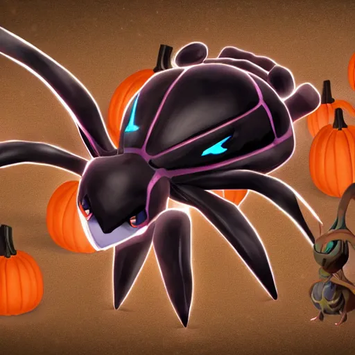Prompt: A pokemon that looks like The flying beetle,The Crust is pumpkin,Trending on art station. Unreal engine.