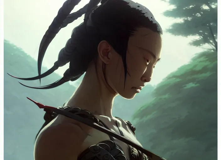 Image similar to a film still portrait of a warrior woman, finely detailed features, closeup at the face, sharp focus, perfect art, at lush forest background, cinematic lighting, intricate, anime!! gapmoe grimdark, artstation, trending on pixiv fanbox, painted by greg rutkowski makoto shinkai takashi takeuchi studio ghibli, akihiko yoshida