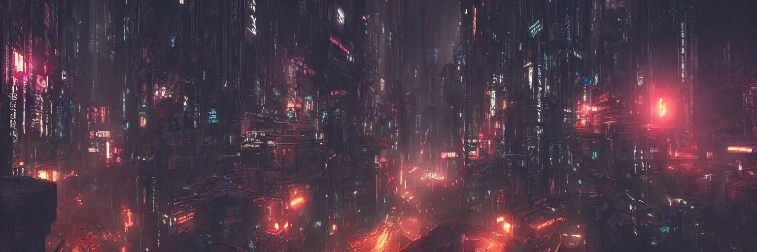 Prompt: An image of dystopian cyberpunk city at night, 8k, 4k, landscape, high contrast, sharp focus, digital art, Artstation