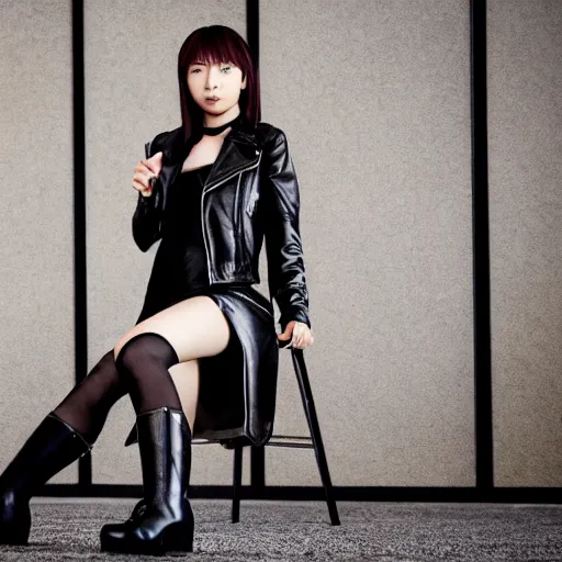 Image similar to a dynamic, epic cinematic 8K HD movie shot of a japanese young J-Pop idol girl wearing leather jacket, miniskirt, nylon tights and high heels boots. Motion, VFX, Inspirational arthouse