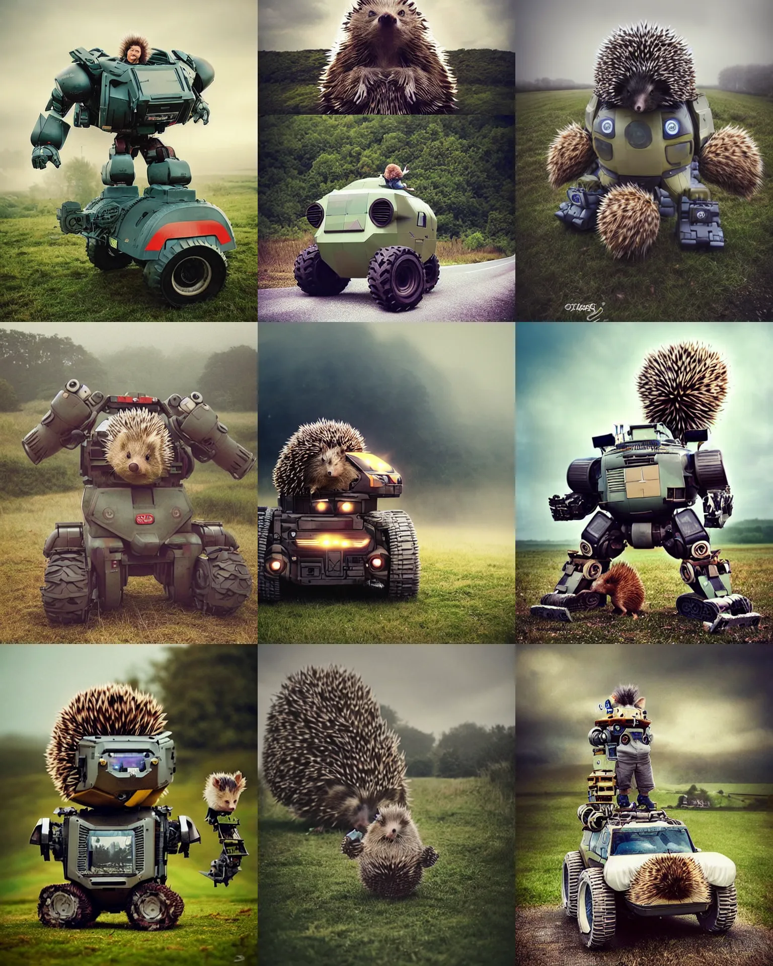 Prompt: epic pose!!! giant oversized battle hedgehog robot wacky chubby war mech winnning sport cute vehicle! double decker with giant oversized hair and hedgehog babies ,in countryside , full body , Cinematic focus, Polaroid photo, vintage , neutral dull colors, soft lights, foggy mist ,sunrise, by oleg oprisco , by thomas peschak, by discovery channel, by victor enrich , by gregory crewdson