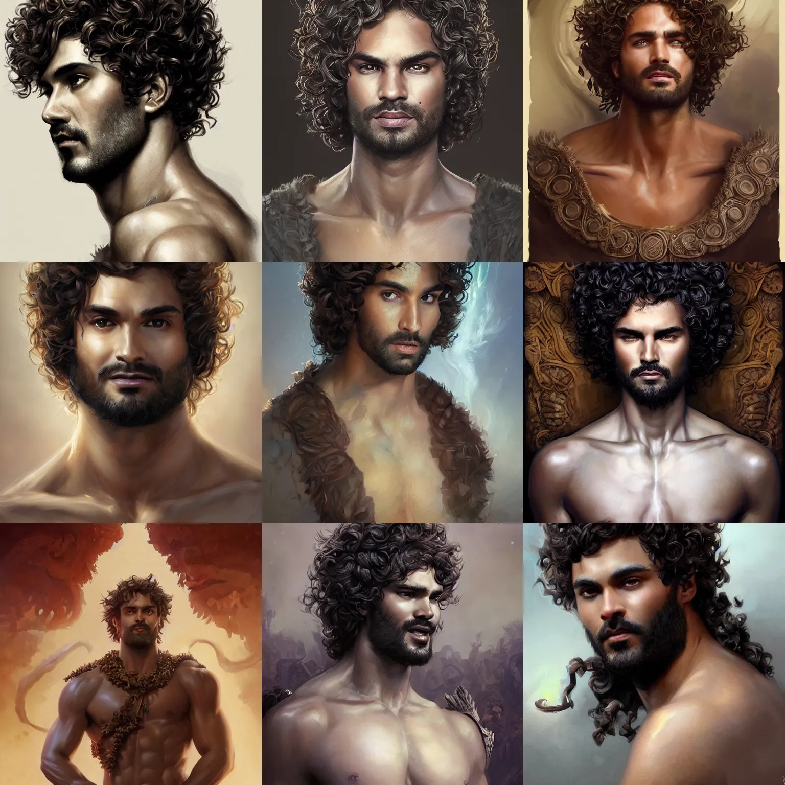 Prompt: dionysus, marlon teixeira, curly hair, no beard, clean shaven, tunic, art by artgerm and greg rutkowski and magali villeneuve, d & d, fantasy, portrait, highly detailed, digital painting, trending on artstation, concept art, sharp focus, illustration