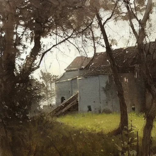 Prompt: painting by jakub rozalski of a house hanging on trees