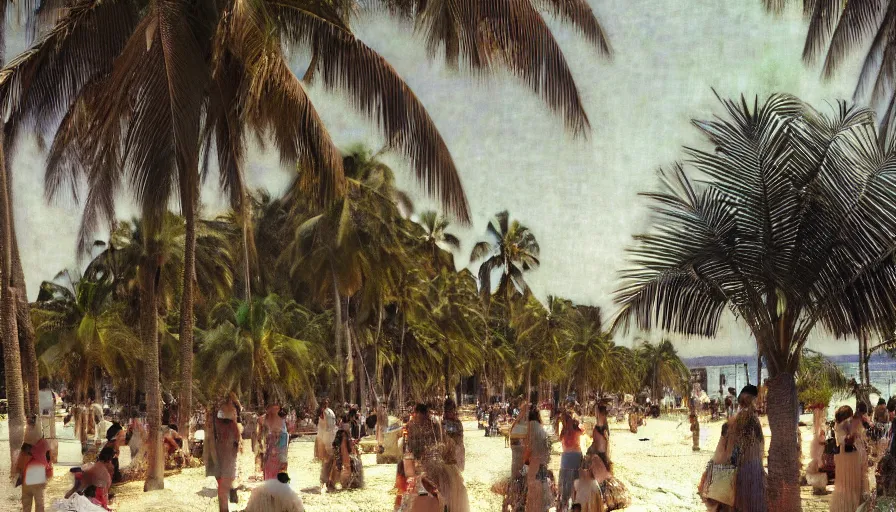 Image similar to a ultradetailed beautiful photo of hundreds of people in the amazonas palace designed by jules bastien - lepage, hans belmer, frank weston and gustave baumann, beach, trending on artstation, mediterranean, palm trees, light sparkles, sharp focus, soft light, 8 k 4 k