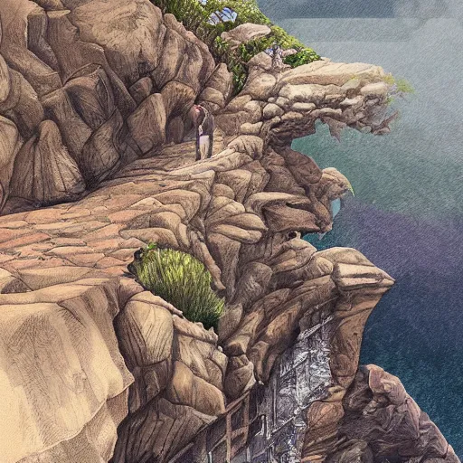 Image similar to Standing on the precipice of oppourtunity, cliffside picture, intricate details, digital painting