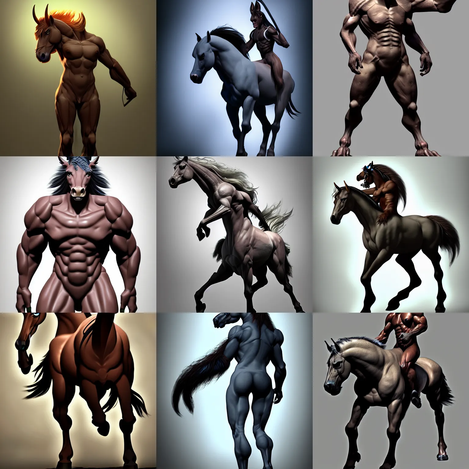 Image similar to studio photo of a dramatic lighting, character design of a horse human hybrid monster, centaur trending on artstation. monster character, human