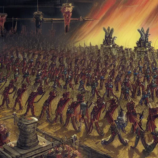 Prompt: illustration. a billion psykers lined up to be sacrificed to the emperor.