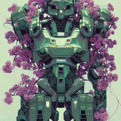 Image similar to vfx art of mecha robot wrapped in flowers & vines, art by hsiao - ron cheng & james jean, colourful, sharp, detailed, digital painting, illustration, illustration, highly detailed, intricate detail, pinterest, behance, art station,