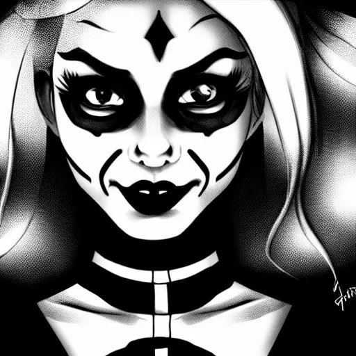 Image similar to a pretty harley quinn headshot portrait, drawn in black and white ink, manga panel style, wlop, trending on artstation