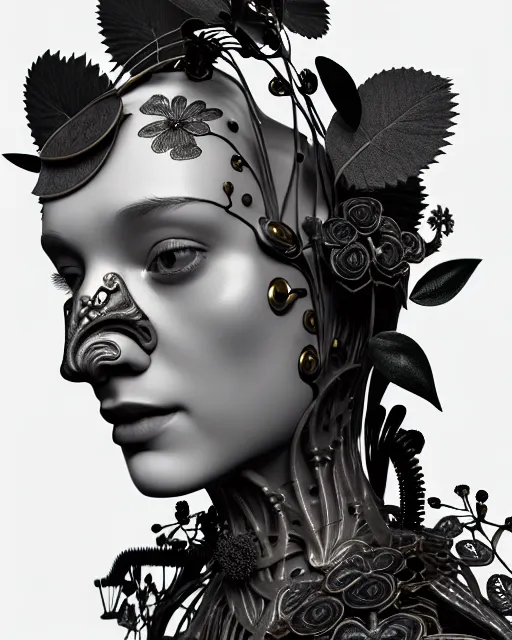 Image similar to monochrome 3 d model, 1 9 4 0 picture, floral steampunk biomechanical beautiful young female cyborg with porcelain profile face and a techno eye, volumetric light, leaves foliage and stems, hibiscus flowers, boho vines, sinuous fine roots, fine foliage lace, alexander mcqueen, rim light, big gothic fashion pearl embroidered collar, octane render, 8 k