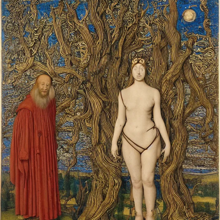 Image similar to a wide landscape with a tattood priestess with animal stripes and antlers transforming into a tree while the stars shine above like flower by jan van eyck, ernst fuchs, nicholas kalmakoff, joep hommerson, character, full body, catsuit, max ernst, hans holbein, lace