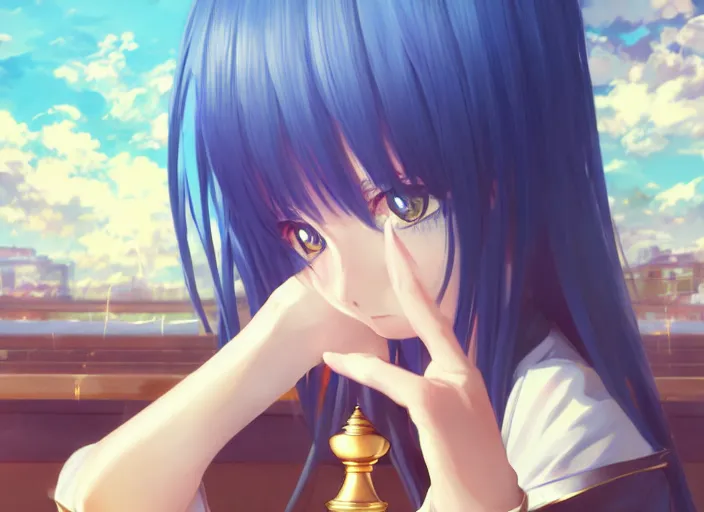Prompt: an anime girl playing chess, with gold eyes, straight hair, sky blue hair, long bangs, high collar, concept art, award winning photography, digital painting, cinematic, by wlop, anime key visual, wlop, 8 k, by ross tran, tom bagshaw, andy warhol