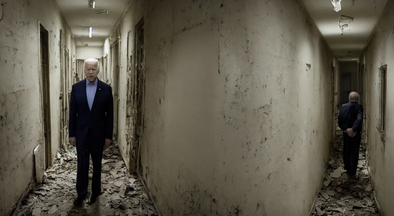 Image similar to unnerving and dark 4 k photograph of joe biden standing deep in the creepy hallways of an abandoned insane asylum