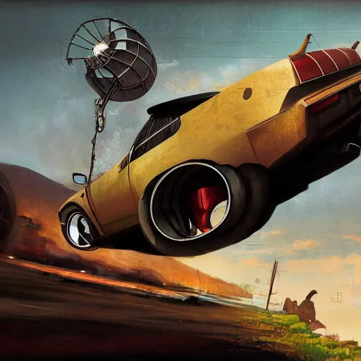 Prompt: A car with a giant fan attached to its hood, diesel punk , beautiful digital art, cinematic composition, detailed, concept art, Matt painting, oil painting, high res, norman rockwell artwork style,