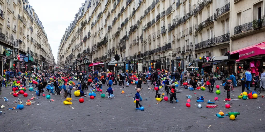 Image similar to million of babies on the streets on paris, with balls and toys, wide angle