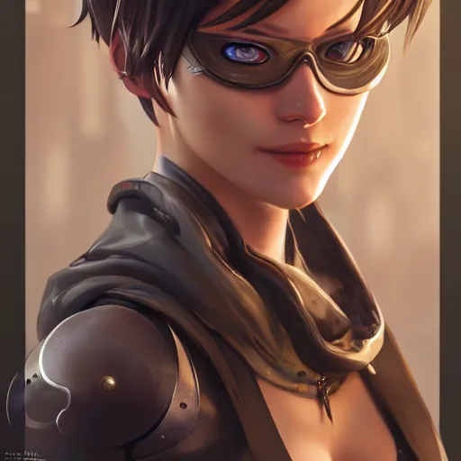 Image similar to a highly detailed portait of tracer from overwatch as nier automata cain, digital art, pretty face, muscular, very beautiful face, very detailed eyes, 8 k resolution, digital painting, by james gurney wlop, greg rutkowski, full body