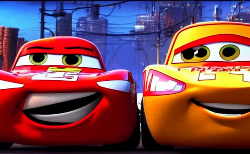 Prompt: vinn diesel and lightning mcqueen from cars 2 hugging, low - light photography, scene from the movie cars 2