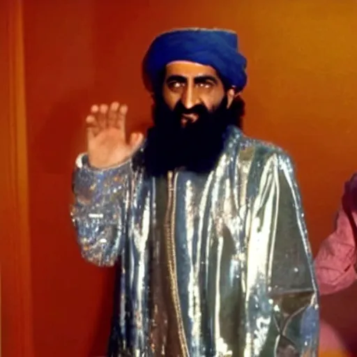 Prompt: A still of Osama Bin Laden wearing a disco suit in Saturday Night Fever