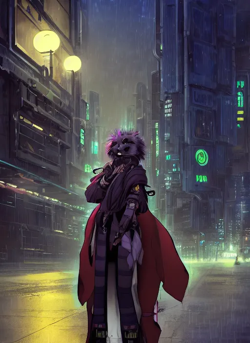 Prompt: character portrait of a cute beautiful attractive female anthro hyena fursona with long black curly hair wearing jedi robes in a cyberpunk city at night while it rains. hidari, color page, tankoban, 4K, tone mapping, Akihiko Yoshida.