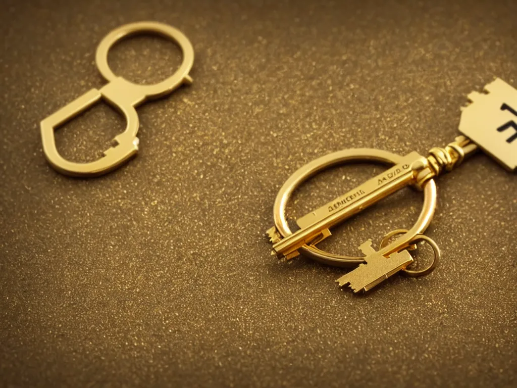 Image similar to a close up of a gold key chain, a macro photograph by dennis h. farber, featured on behance, kitsch movement, rendered in cinema 4 d, octane render, tilt shift