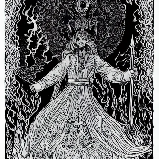 Prompt: black and white pen and ink!!!!!!! Suprani!!!!! wizard Nick Drake wearing High Royal flower print robes flaming!!!! final form flowing ritual royal!!! Contemplative stance Vagabond!!!!!!!! floating magic swordsman!!!! glides through a beautiful!!!!!!! Camellia!!!! Tsubaki!!! death-flower!!!! battlefield behind!!!! dramatic esoteric!!!!!! Long hair flowing dancing illustrated in high detail!!!!!!!! by Hiroya Oku!!!!!!!!! graphic novel published on 2049 award winning!!!! full body portrait!!!!! action exposition manga panel black and white Shonen Jump issue by David Lynch eraserhead and beautiful line art Hirohiko Araki!! Frank Miller, Kentaro Miura!, Jojo's Bizzare Adventure!!!! 3 sequential art golden ratio technical perspective panels horizontal per page