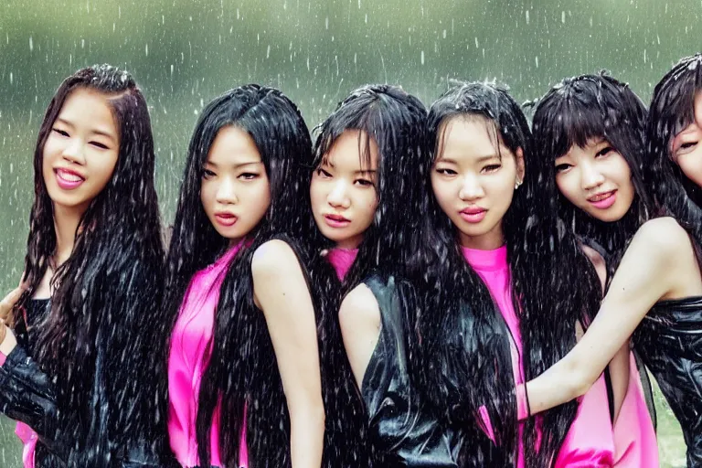 Image similar to a portrait of 4 blackpink singers posing in the rain