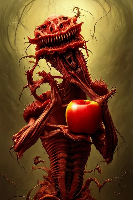 Image similar to tooth and flesh demon holding an apple gift by anna podedworna, ayami kojima, greg rutkowski, giger, maxim verehin