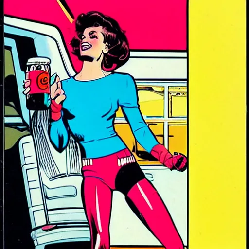 Prompt: a 1980s supermodel holding a coke bottle in her left hand about ready to take a sip, comicbook silver age style