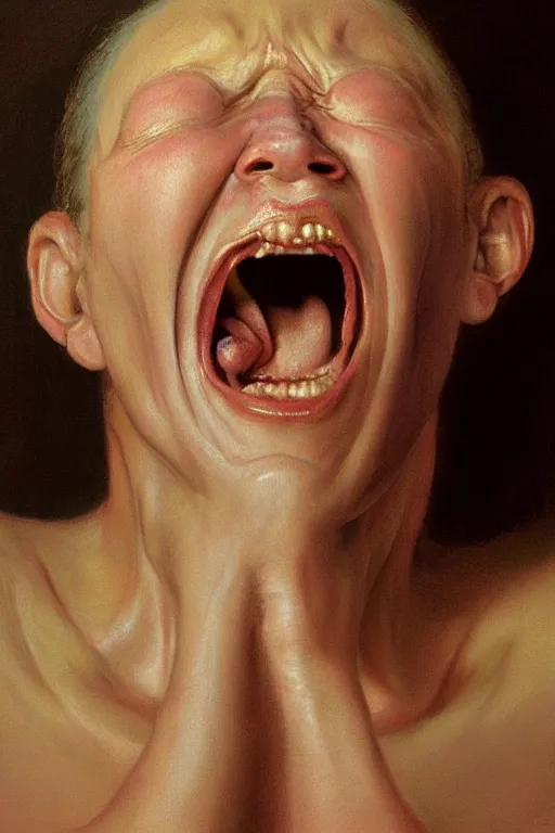 Prompt: beautiful oil painting portrait of beautiful screaming woman face by wayne barlowe, rembrandt, complex, stunning, realistic skin color, 4 k, high res, awardwinning, masterpiece, realistic lighting