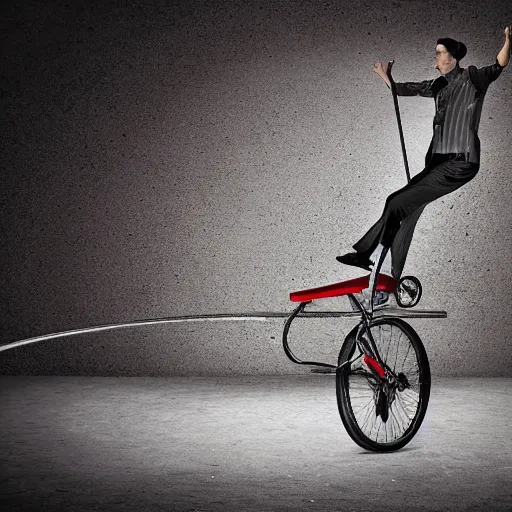 Prompt: man riding a unicycle on the edge of a knife , circus background