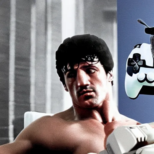 Image similar to rocky balboa holding a playstation!! controller!! video game console sitting in a chair