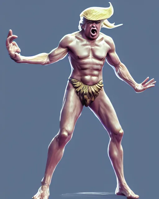 Image similar to character concept art of donald trump as poseidon in a dynamic pose | cute - fine face, pretty face, realistic shaded perfect face, fine details by stanley artgerm lau, wlop, rossdraws, james jean, andrei riabovitchev, marc simonetti, and sakimichan, tranding on artstation