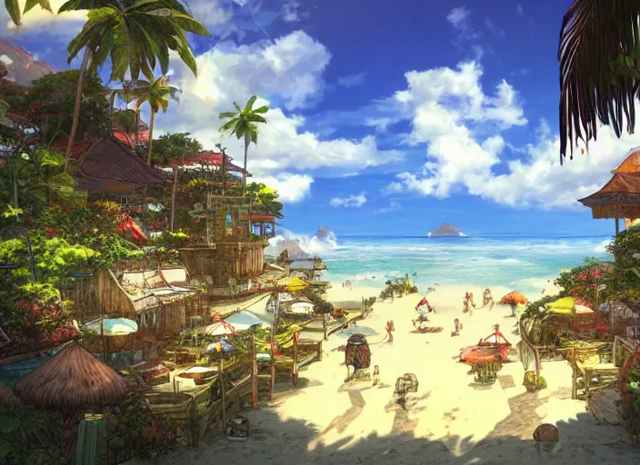 Image similar to Fantasy tropical port town ground view of the beach. hidari, color page, tankoban, 4K, tone mapping, Akihiko Yoshida.