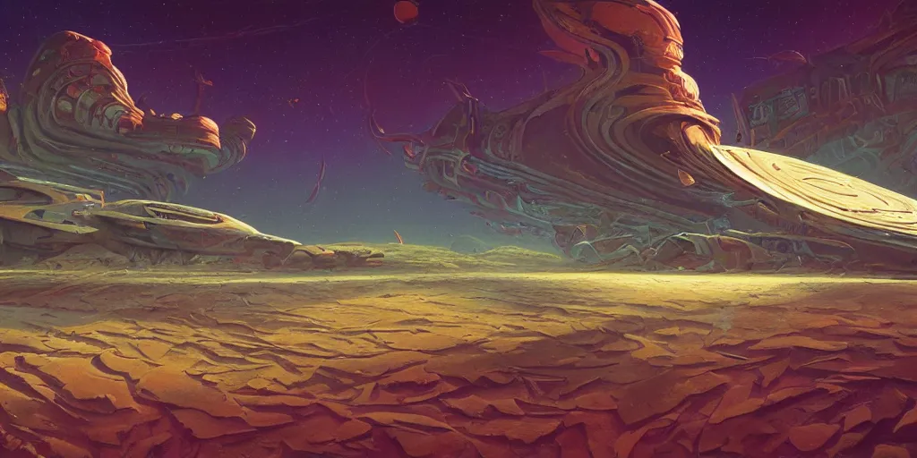 Image similar to the sands of time, a highly detailed cinematic oil painting by roger dean and alena aenami, crashed spaceship!!, dynamic lighting