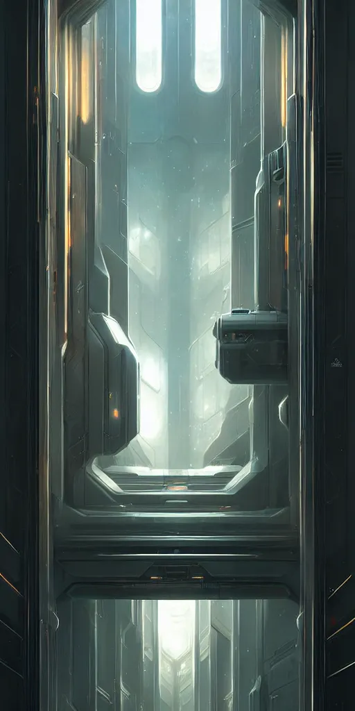 Image similar to hyper realistic art - deco sci - fi double door by jordan grimmer, darek zabrocki