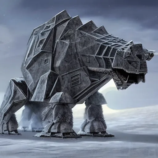 Image similar to a fusion between the tarrasque and an AT-AT, flat grey color, completely metal, walking across ice planet, hyper-realistic CG