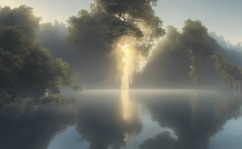 Image similar to a strange lake directed by charlie kaufman ( 2 0 0 1 ) anamorphic lenses, foggy volumetric light morning, a beam of light from the heavens, cinematic trending on artstation in the style of greg rutkowski