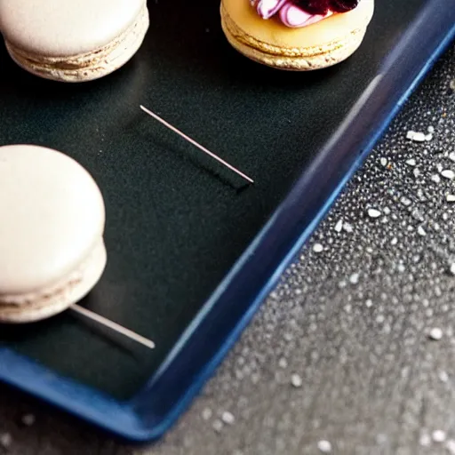 Image similar to needles and pins sticking out of macaron on a tiny plate