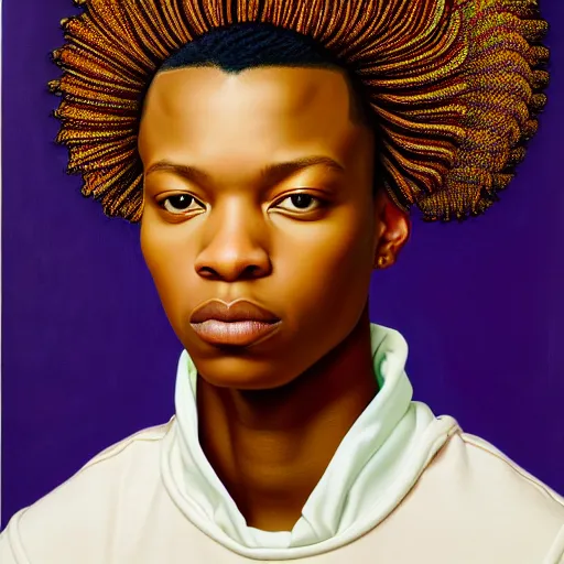 Image similar to A portrait of a scrawny stylish and beautiful non-binary person, oil painting by Kehinde Wiley, majestic, detailed, high resolution