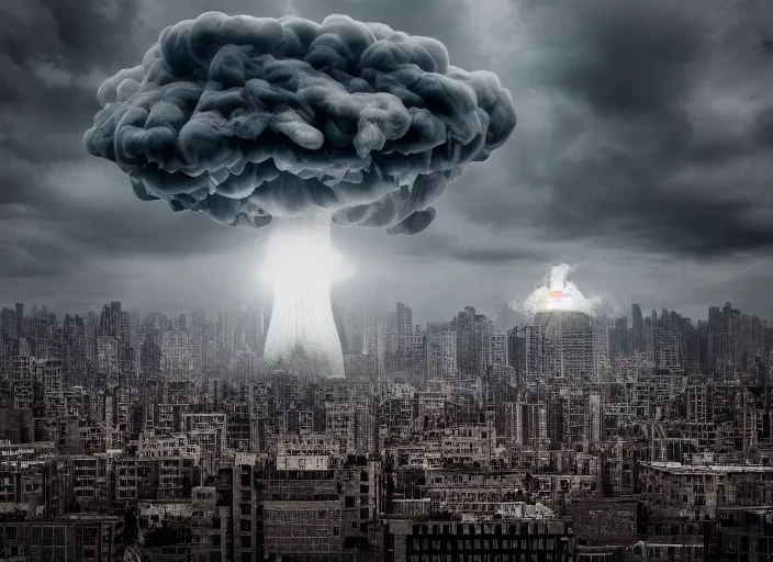 Image similar to nuclear mushroom cloud in the city . Horror dystopia style. Highly detailed 8k. Intricate. Nikon d850 300mm. Award winning photography.