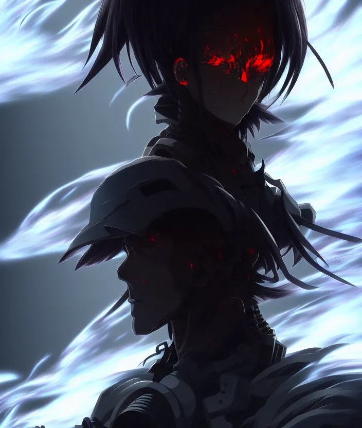 Image similar to a detailed manga illustration character full body portrait of a dark haired cyborg anime man shrouded in clouds of dark smoke and fire, trending on artstation, digital art, 4 k resolution, detailed, high quality, sharp focus, hq artwork, insane detail, concept art, character concept, character illustration, full body illustration, cinematic, dramatic lighting