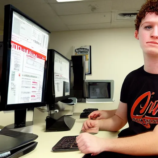 Prompt: 21 year old Jimmy John’s manager with pale skin and reddish brown curly hair is wearing a sleeveless black top and tapping a computer screen on the wall