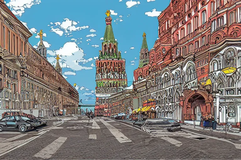 Prompt: moscow street view panoramic comics background art by bakahi