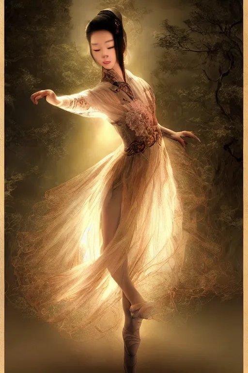 Image similar to chinese prima ballerina, gorgeous, ethereal, intricate, elegant, volumetric lighting, nature scenery, digital painting, highly detailed, artstation, sharp focus, illustration, concept art, clive barker