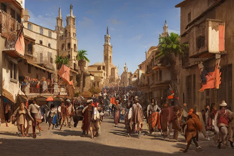 Prompt: people in the streets of the medieval fuenian port city of tordejas, inspired by medieval madrid, matte painting city street scene by james gurney and bernardo bellotto and angus mcbride, 8 k concept art