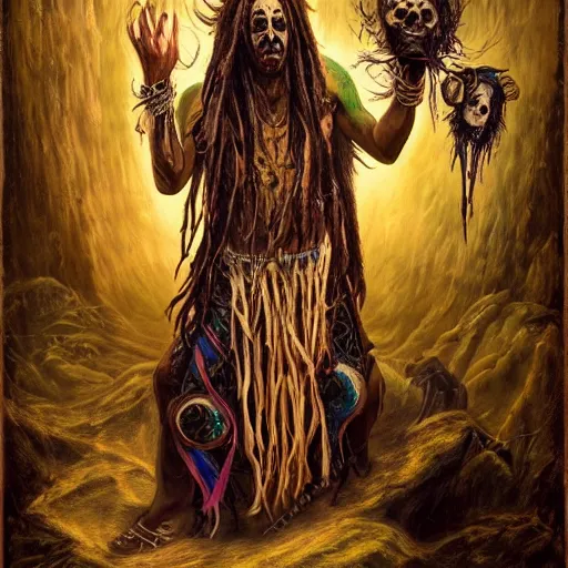 Image similar to a horror shaman with dreadlocks in sacrament of death