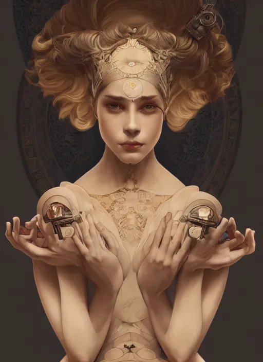 Image similar to symmetry!! pinup, machine parts embedded into face, intricate, elegant, highly detailed, digital painting, artstation, concept art, smooth, sharp focus, illustration, art by artgerm and greg rutkowski and alphonse mucha, 8 k