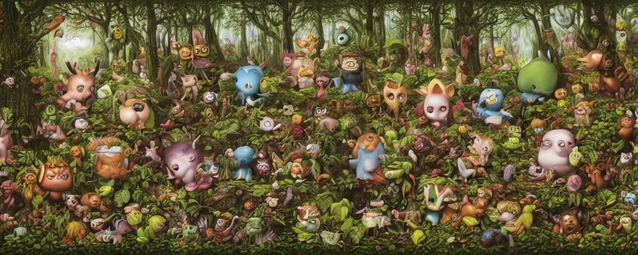 Prompt: fantasy world of forest little creatures by Mark Ryden and Alex Gross, Todd Schorr highly detailed
