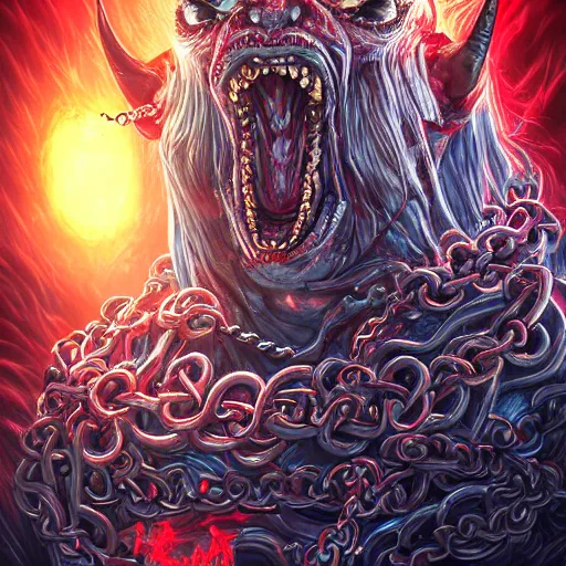 Image similar to demon, satan, red eyes, chain, handcuffs, large chain, wide open wife mouth, scream, cruelty, light effect, hyper detailed, intricate, elegant, highly detailed, digital painting, artstation, concept art, matte, sharp focus, illustration, by dan mumford, yusuke murata, makoto shinkai, ross tran