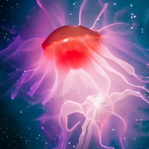 Prompt: Macro photo of a translucent jelly fish, nebula, cosmos, fog, photorealistic, redshift, volumetric lights